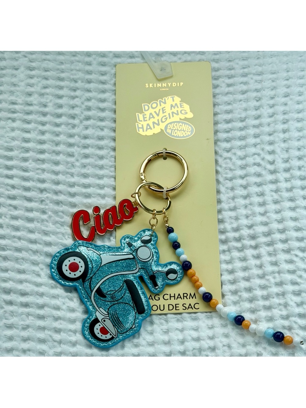 Skinnydip Ciao Vespa Scooter Bag Charm Keychain Blue Glitter Beaded Gift NWT